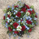 ###Loose wreath in light blue and claret colours     12