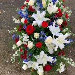 ### Red, white and blue casket spray to include lily's, roses and delphinium
   small 3ft £120      medium 4ft £165 (as shown)     large 5ft £190
